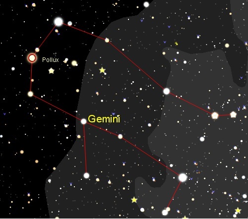 Gemini with Pollux at northeast —north is up
Star chart generated by TheSkyX © Software Bisque, Inc. All rights reserved. www.bisque.com